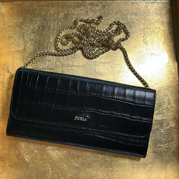 Furla Leather Continental Wallet Crossbody in Black Embossed Croc with Goldtone - Picture 1 of 13